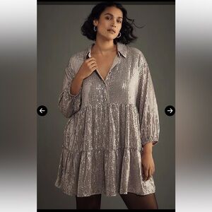 Anthro Maeve Bettina Silver Sequin Mini Dress XL Tiered Party Glam